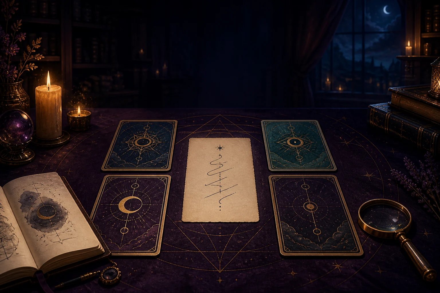 Night-time study table with one interpretation in the centre and four face-down cards as possible answers
