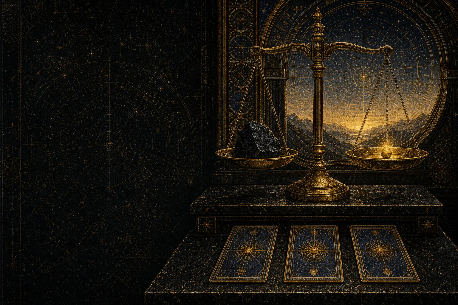 Golden scales with a stone and a seed beside three original tarot cards