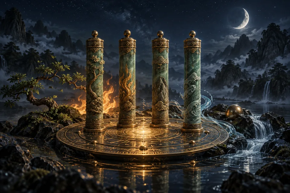 Four jade and bronze pillars surrounded by the five elements under a starry sky