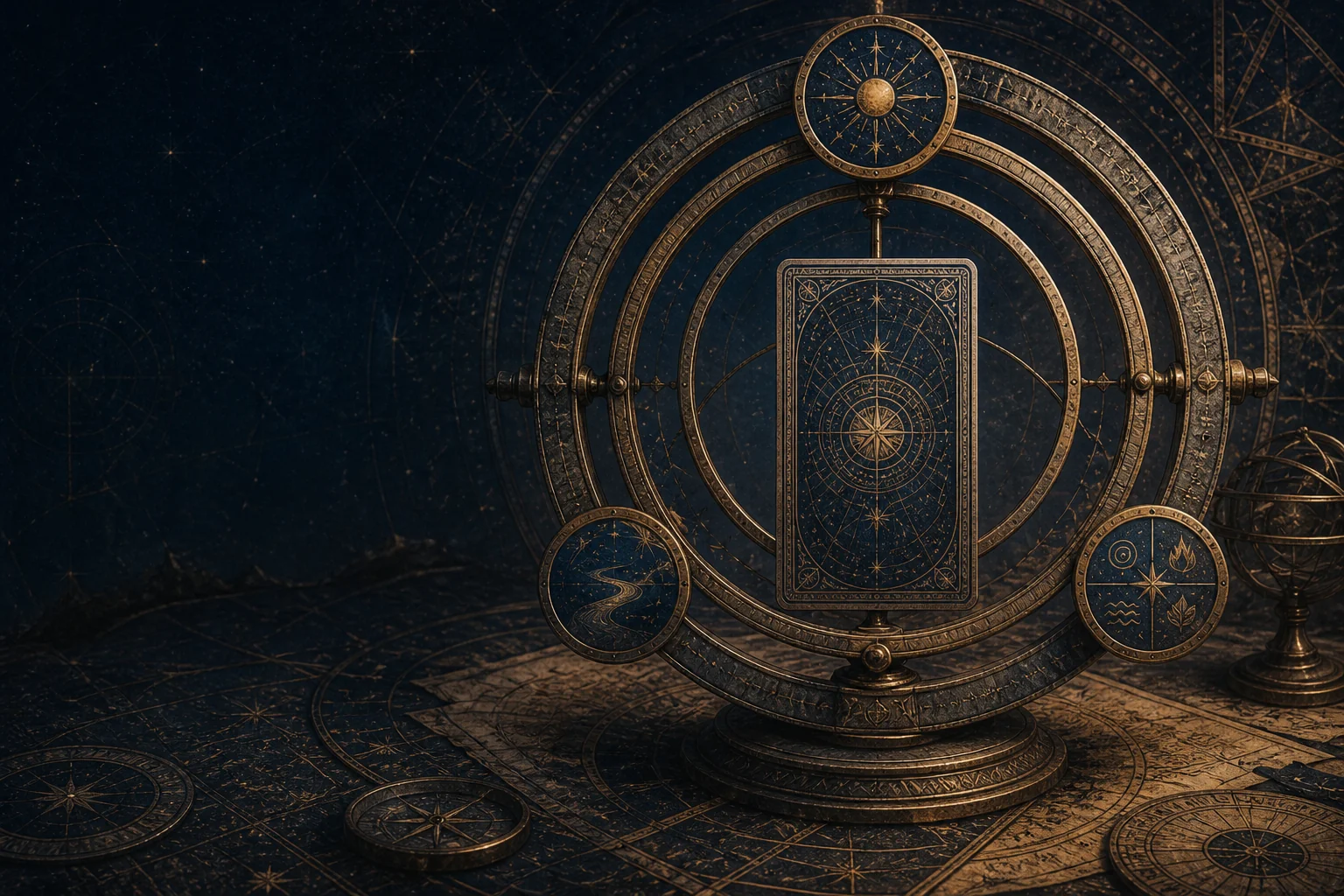 Sealed card inside a large three-ring astrolabe on an astronomical table