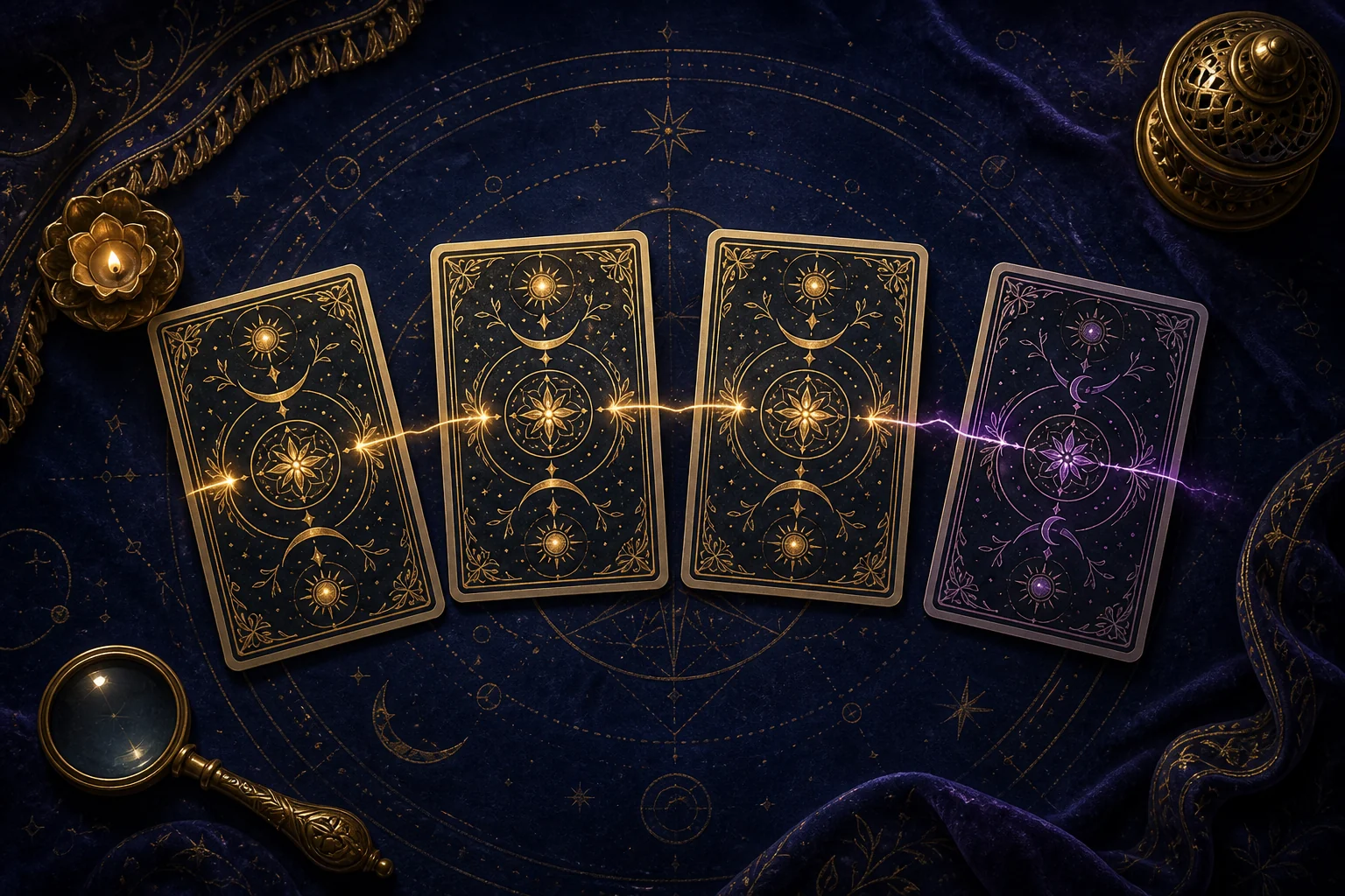 Four face-down cards on blue velvet; three are joined by a golden thread and one separates in violet