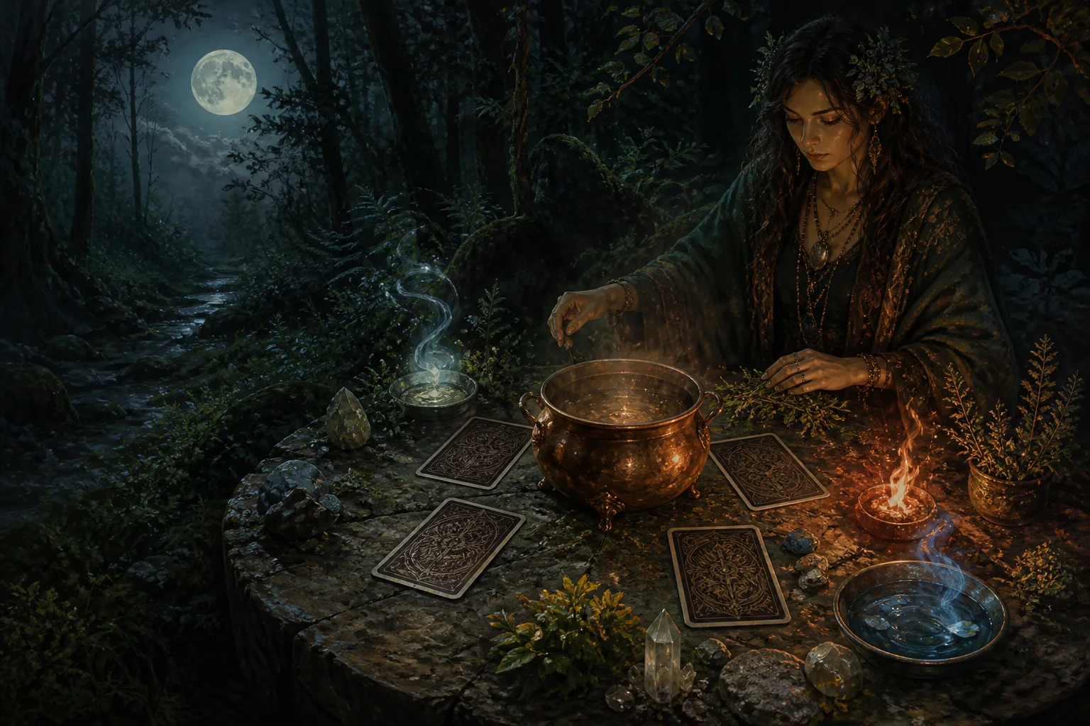 A witch’s circle with four original cards, herbs and a cauldron in the moonlight