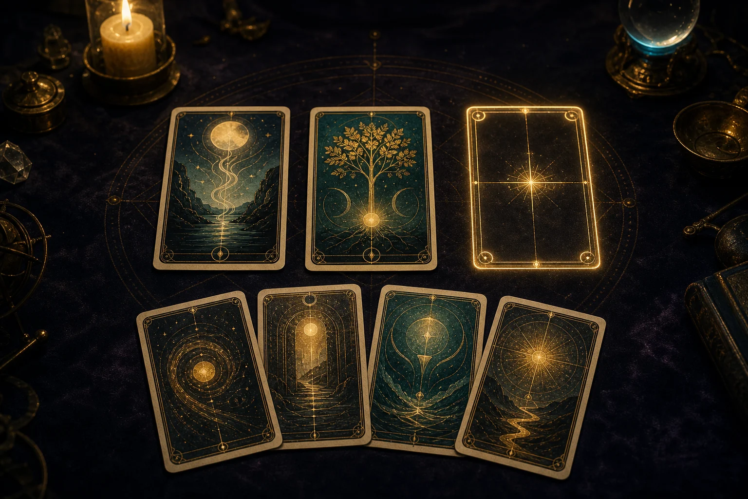 Night-time tarot spread with two open cards, a glowing empty third place and four possible answers