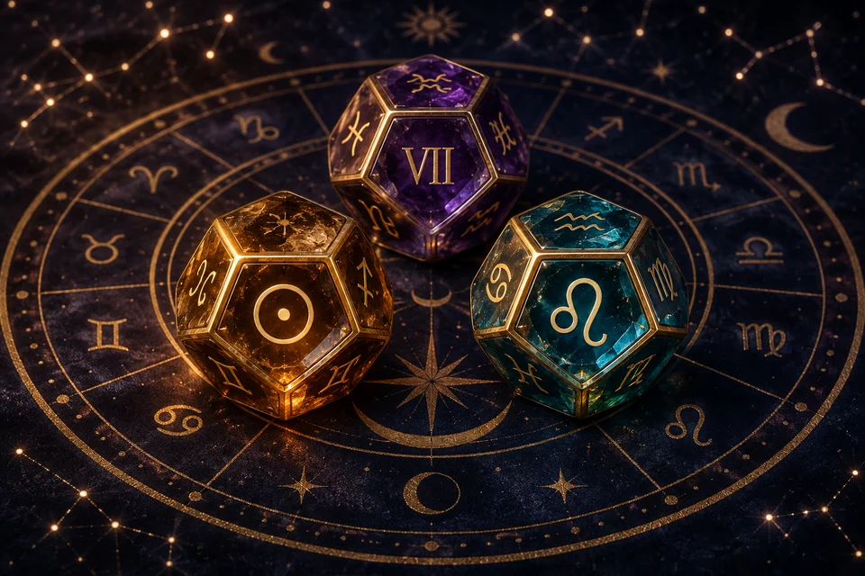 Three amber, turquoise and violet crystal astrology dice on a celestial wheel