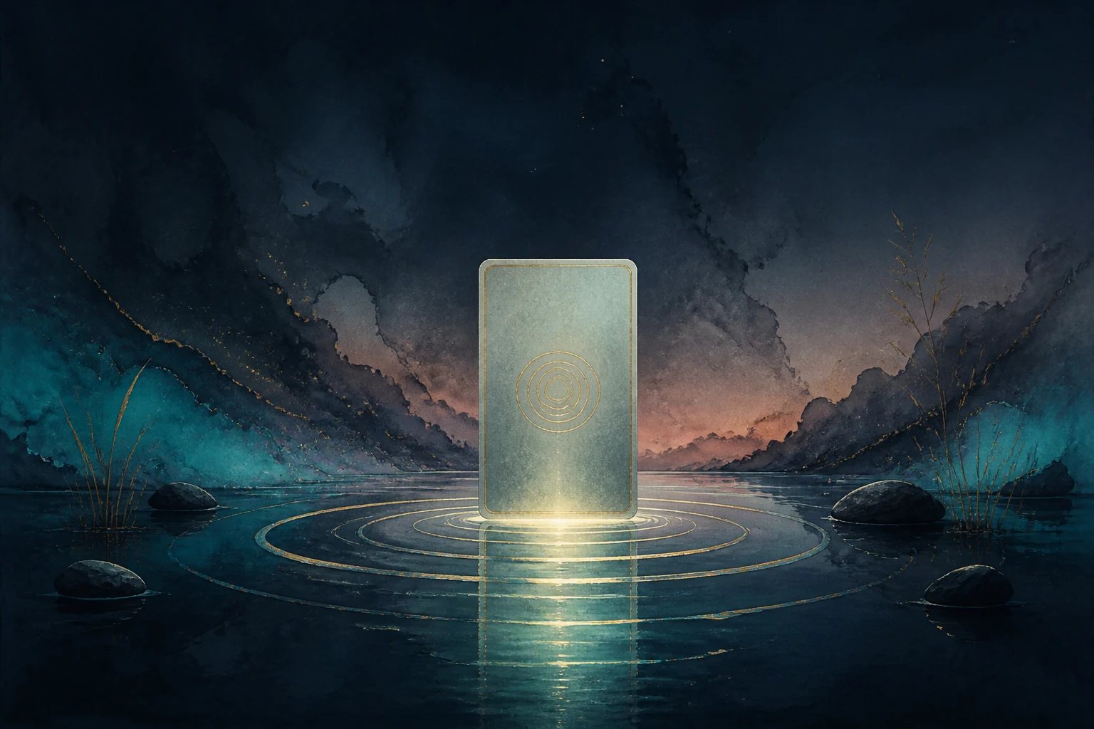 An original card suspended above a moonlit pond with concentric ripples