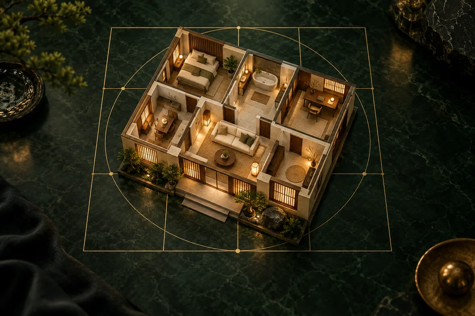 Model of a welcoming home on golden floor-plan lines against a jade-green background
