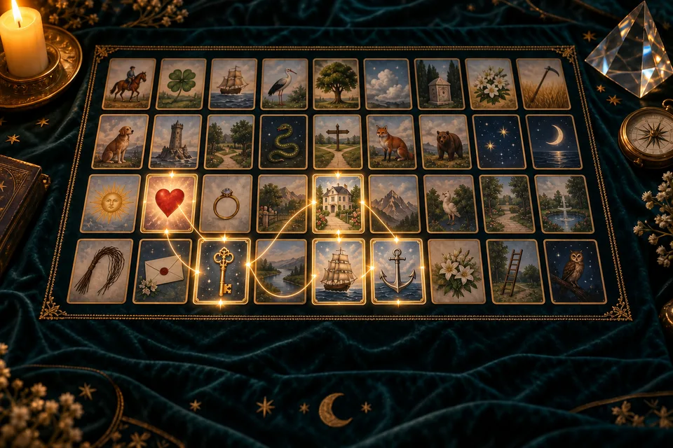 A Lenormand spread on green velvet, connected by threads of light
