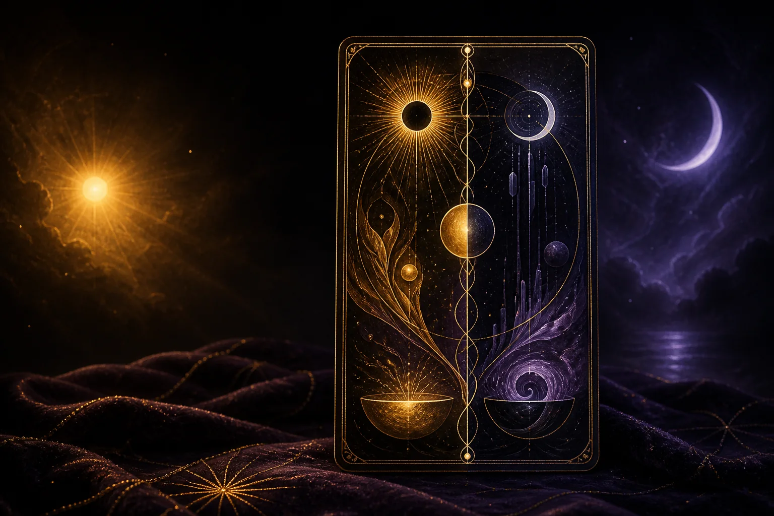 An original symbolic card lit by golden sunlight and violet moonlight on dark velvet