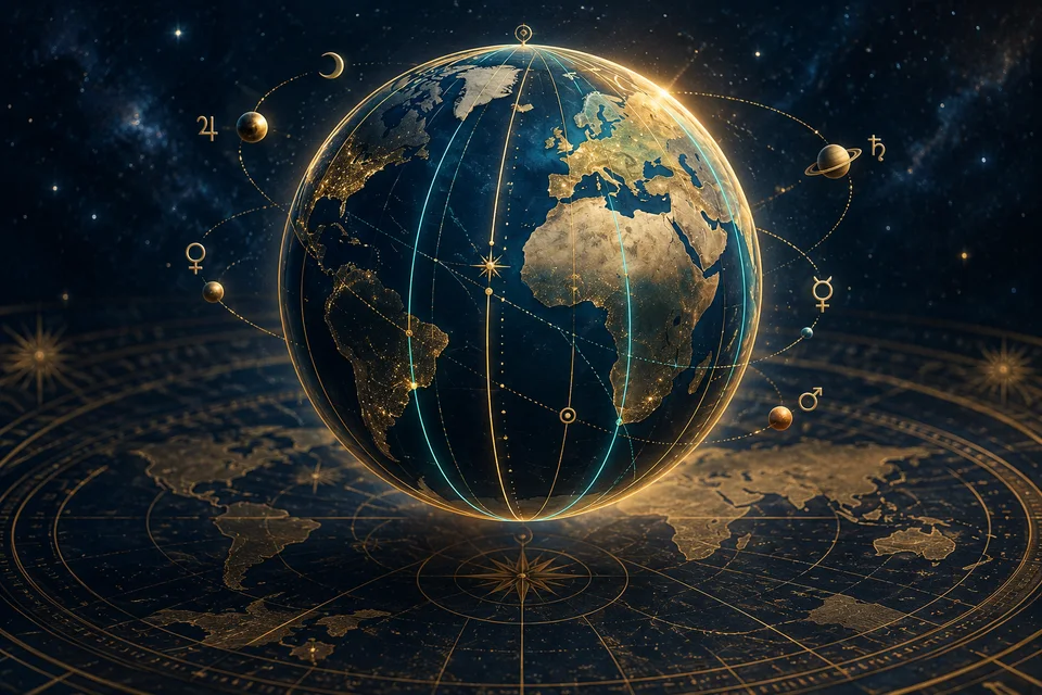 A blue globe traced with golden planetary lines