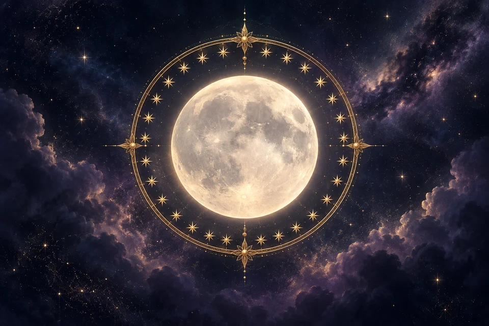A luminous Moon within a golden ring of stars against an indigo sky