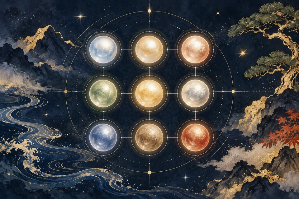 Nine lights on an indigo background, linked by delicate golden orbits