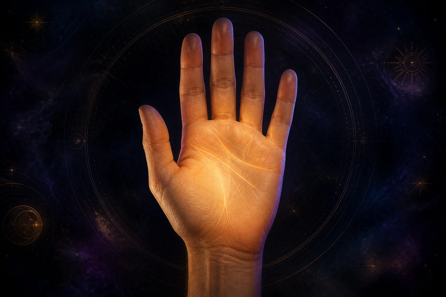 An open palm illuminated in gold against a celestial night circle