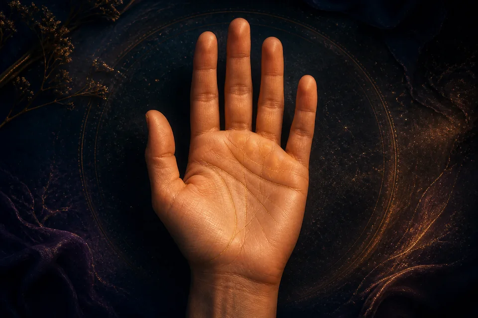 An illuminated open palm against a night background