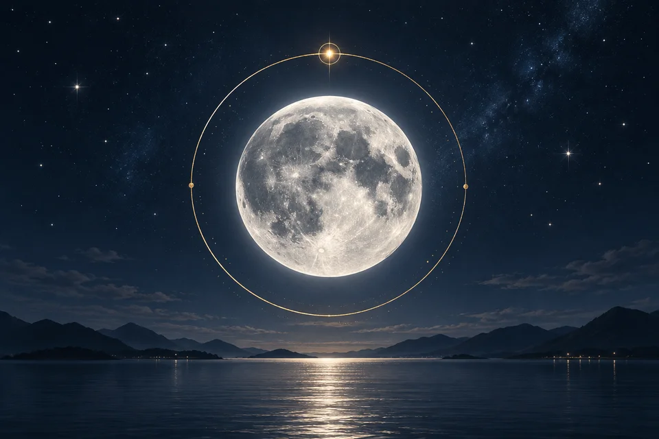 A silver Moon in its golden orbit above a night horizon