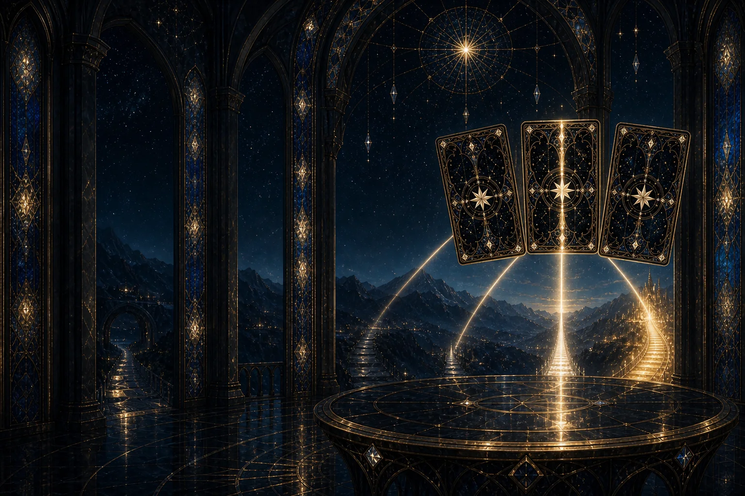 Three original tarot cards glowing in a stone gallery beneath a starry sky