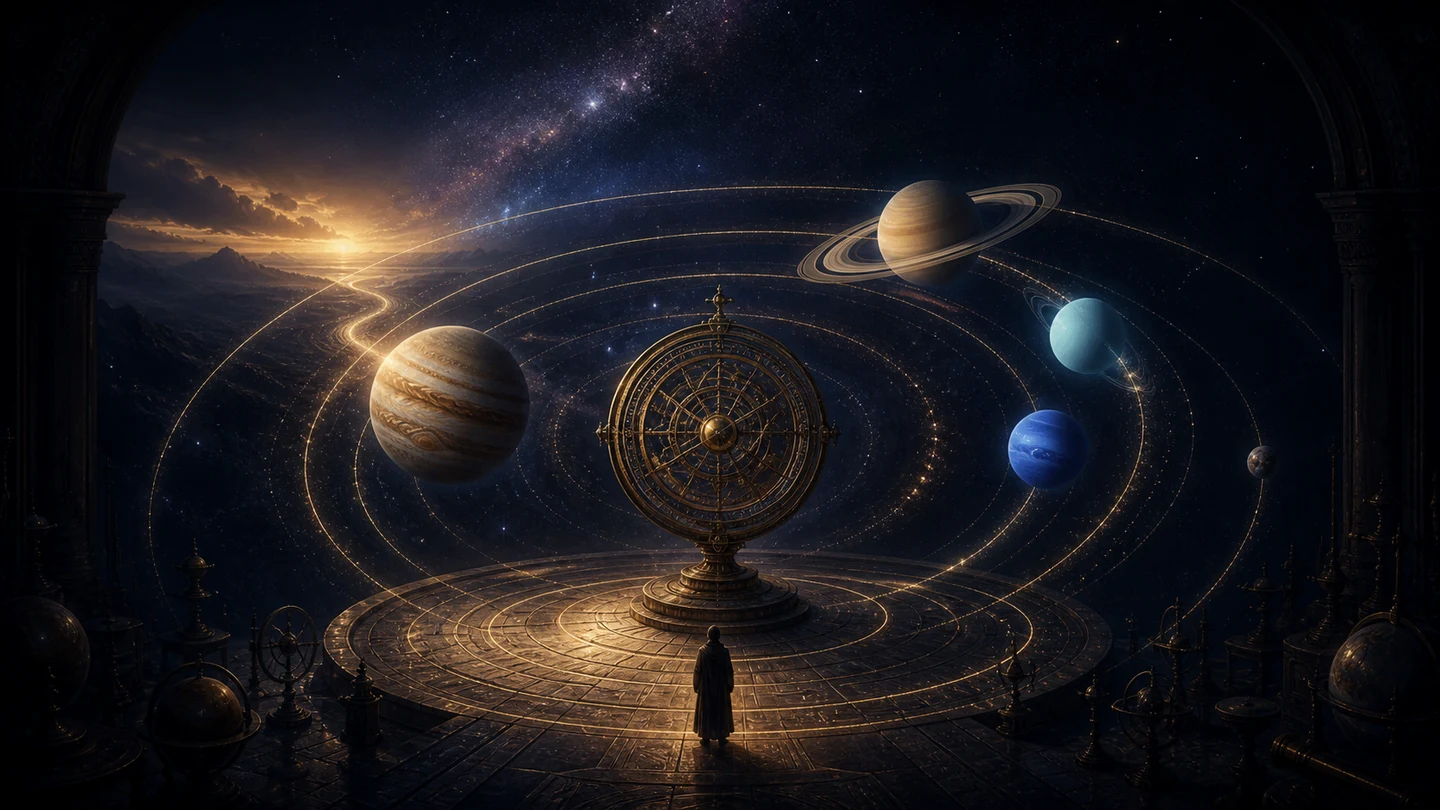 Celestial observatory with Jupiter, Saturn, Uranus, Neptune and Pluto moving along their orbits