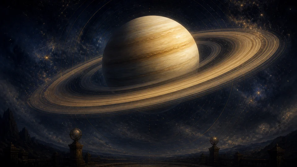 Saturn above an observatory beneath a starry sky