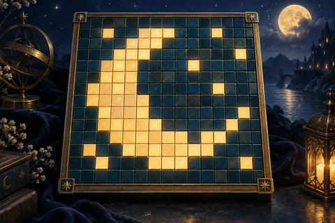 A moon made of golden cells on a blue mosaic board