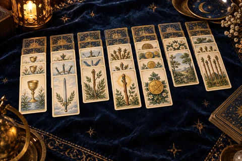 Tarot cards arranged in solitaire columns on a blue playing cloth